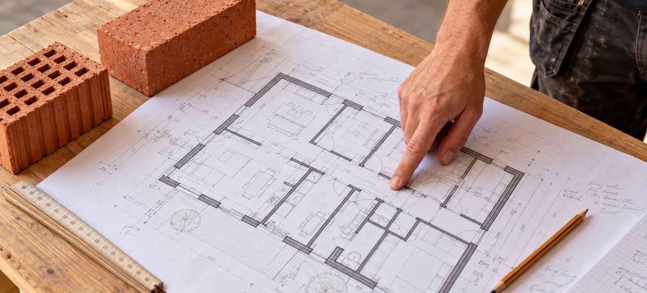 Bouwplannen op tafel met bakstenen en een potlood