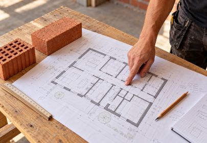 Bouwplannen op tafel met bakstenen en een potlood