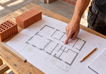 Bouwplannen op tafel met bakstenen en een potlood